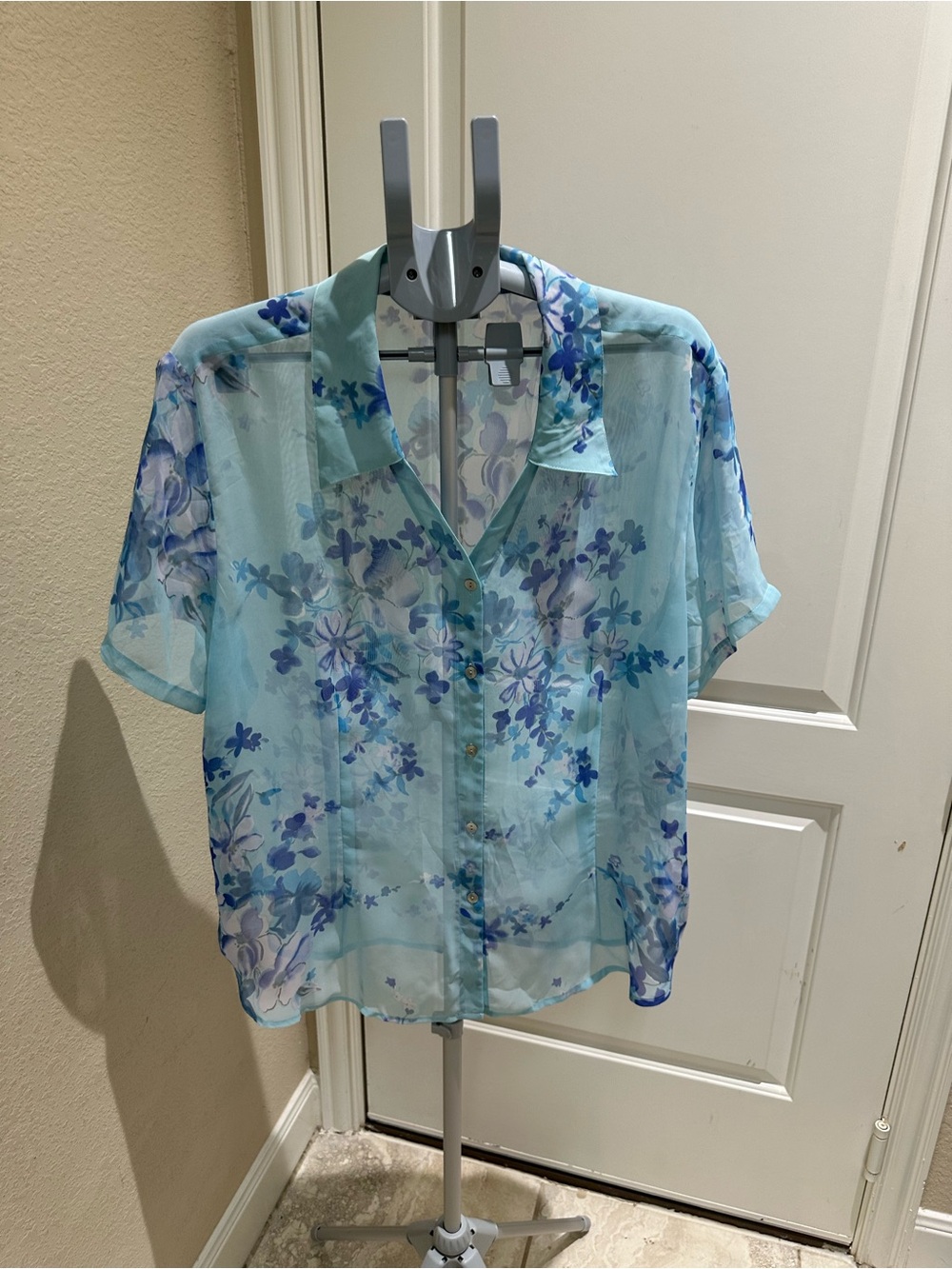 Sheer Light Blue Floral Button-Up Blouse - Casual Short Sleeve